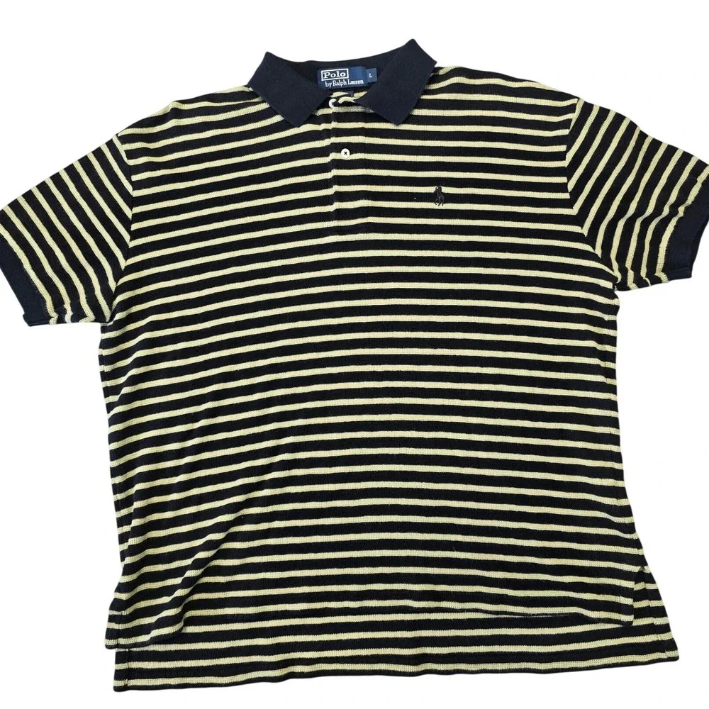Polo Ralph Lauren Striped Polo Shirt Men Large Black Yellow Short Sleeve